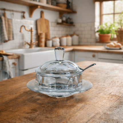 כלי זכוכית אנגלי לסוכר עם כפית